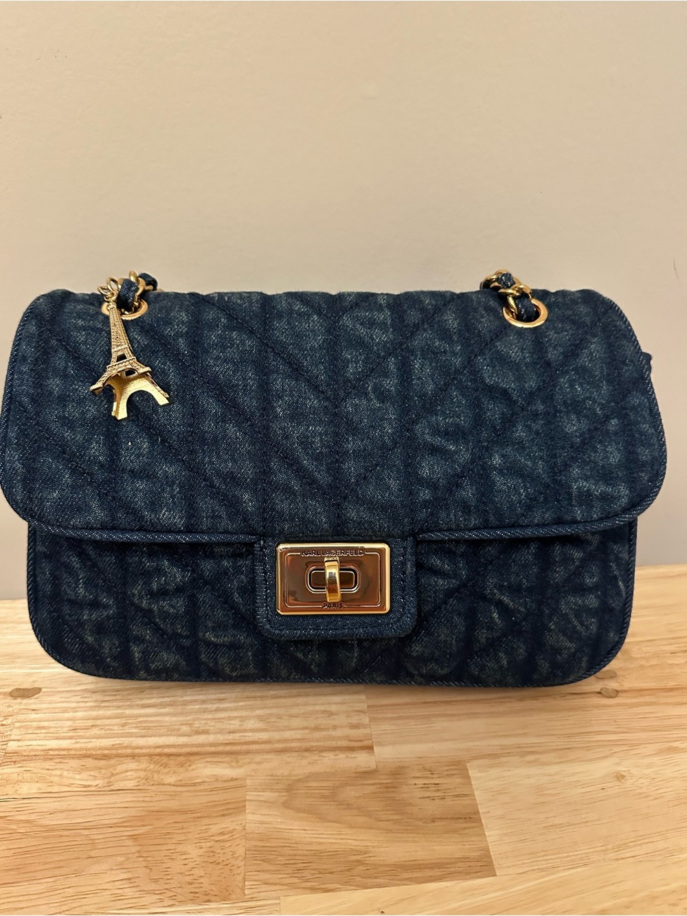 Karl Lagerfeld Quilted Blue Denim Chain Shoulder Bag with Eiffel Charm - Picture 16 of 16